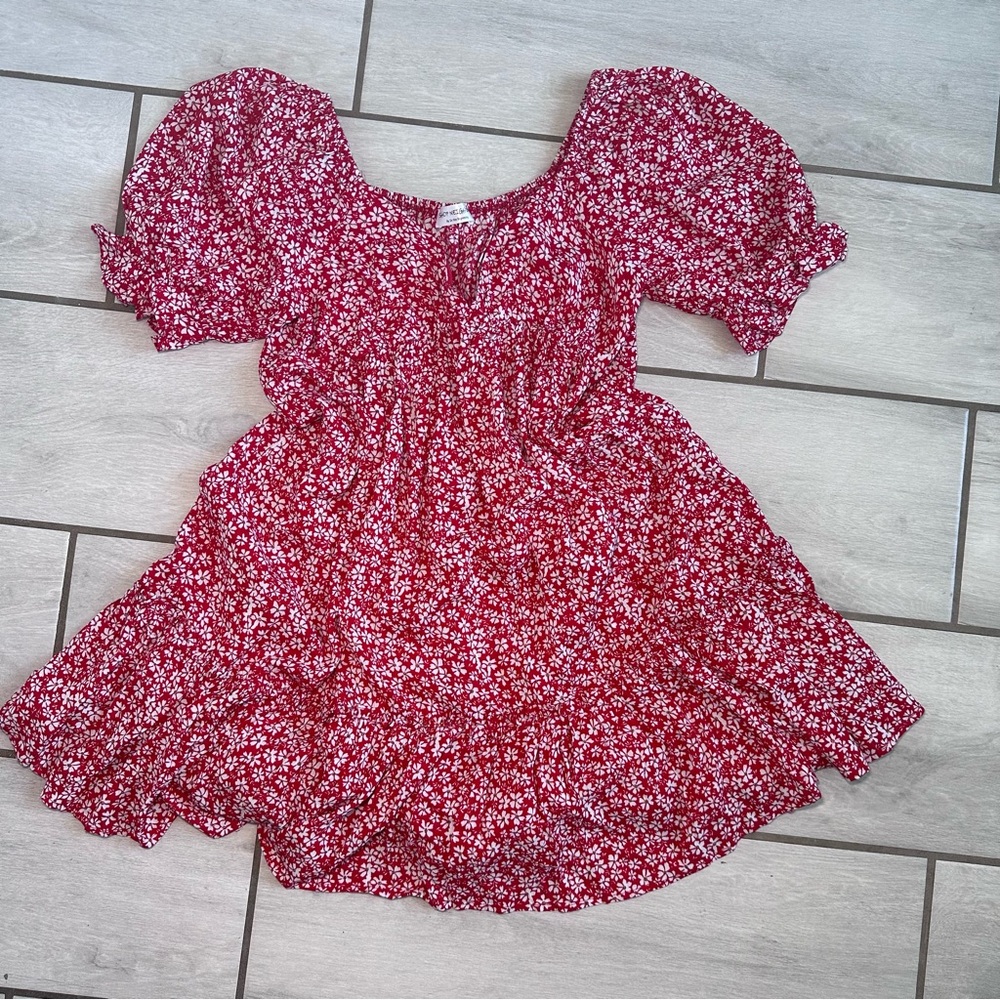 Red Floral Puff Sleeve Dress